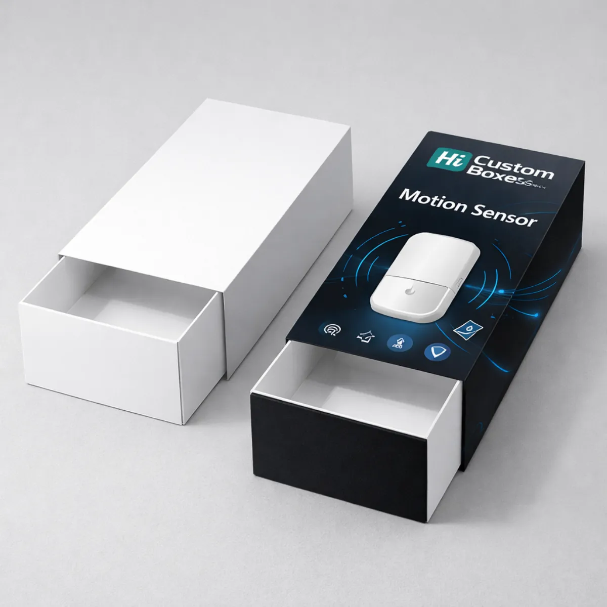 Photorealistic 3D render of a blank white and branded blue motion sensor retail box. class=